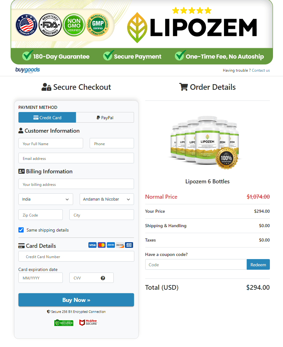 Lipozem Secured Order Page